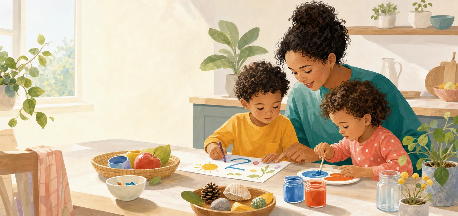A parent and two young children drawing, sorting natural objects and mixing colours together at a kitchen table